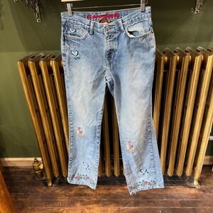 Vintage Y2K‎ CANDIES Women's Jeans Distressed Embroidered Butterfly Flare Size 9